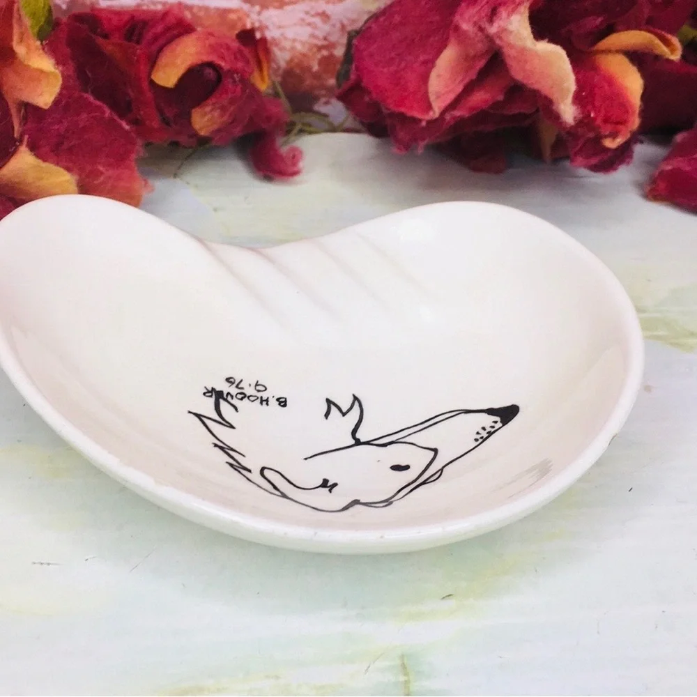 Vintage 70s Hand Painted White Ceramic Borzoi Dog Ashtray Trinket Dish